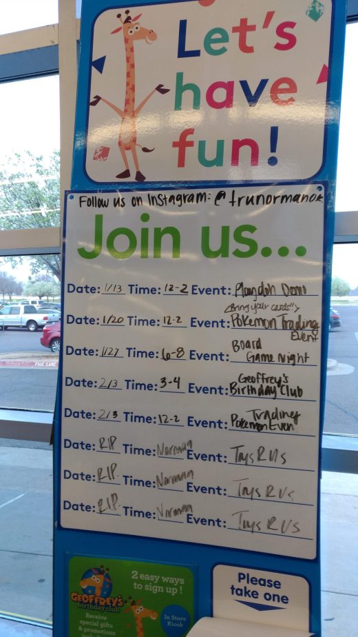 Toys R Us event calendar in their entry. This was from the weeks before